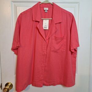 A New Day Bright Pink Linen Blend Button Up Short Sleeved Shirt Cropped Size XL